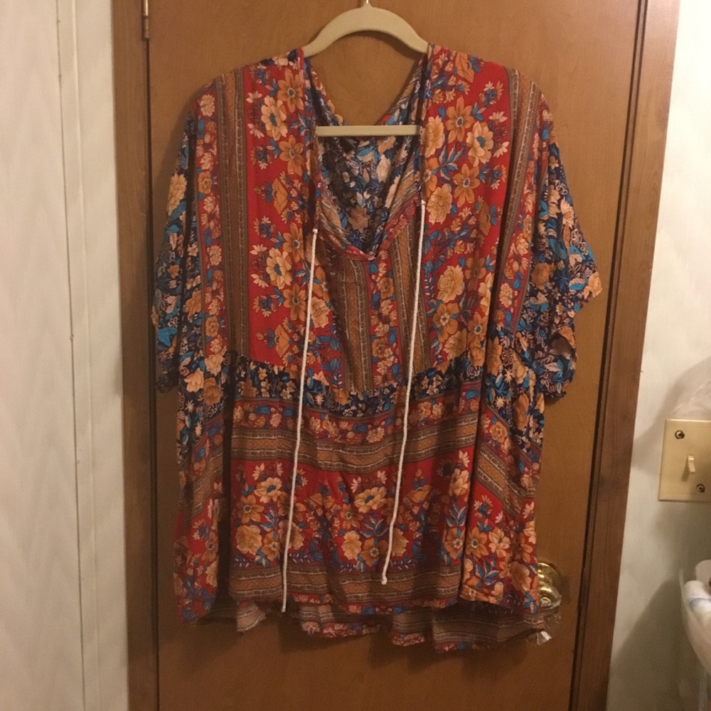 SHEIN Rust Multi Floral Boho Tie-Neck Blouse 4XL